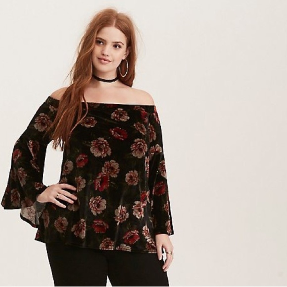 Torrid Velvet Off The Shoulder Bell Sleeve Top